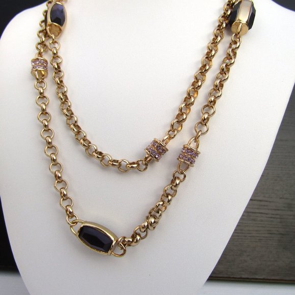 Coldwater Creek Necklace with Amethyst Glass Rhinestones Statement 40" - Picture 1 of 6